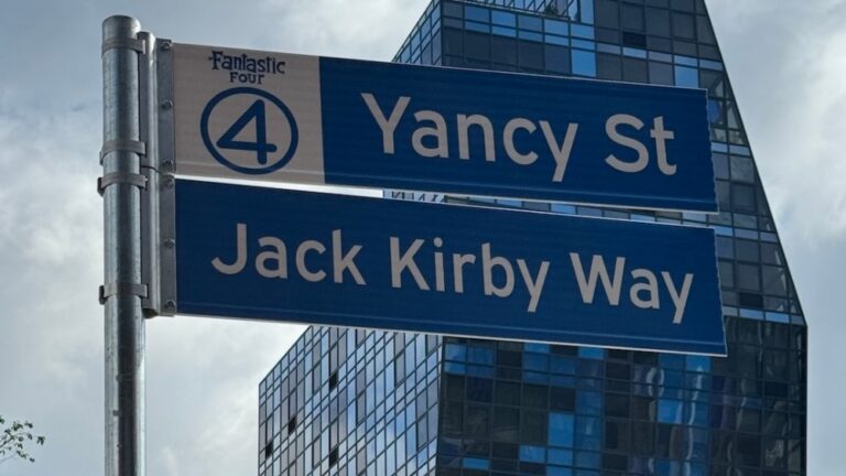 Jack Kirby pays tribute to “Jack Kirby Way” on New York’s Lower East Side.